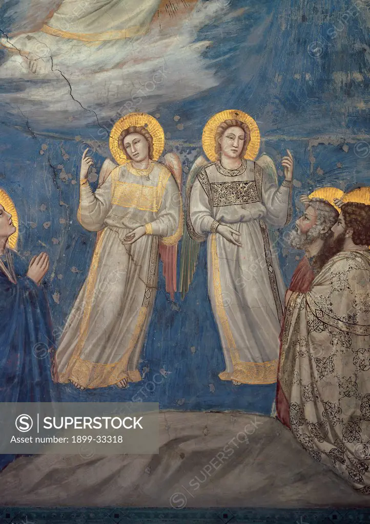 Stories of the Passion of The Ascension, by Giotto, 1304 - 1306, 14th Century, fresco. Italy, Veneto, Padua, Scrovegni Chapel. Scenes from the Life of Christ of Ascension, angels blue background halos. aureoles yellow gold dress. garment gray drapery. draping folds.
