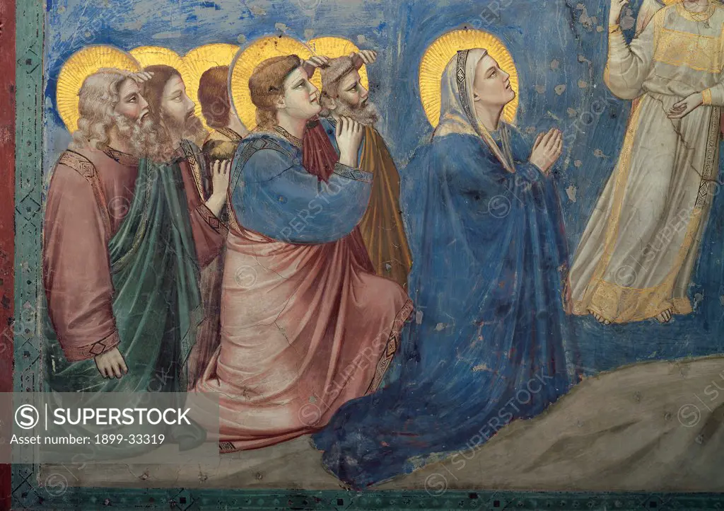 Stories of the Passion of The Ascension, by Giotto, 1304 - 1306, 14th Century, fresco. Italy, Veneto, Padua, Scrovegni Chapel. Scenes from the Life of Christ of Ascension, Madonna and apostles pink blue green red rocks.