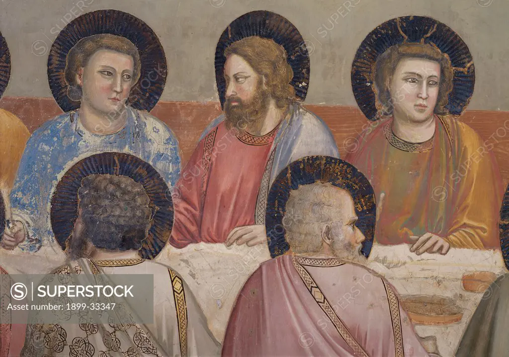 Stories of the Passion of The Last Supper, by Giotto, 1304 - 1306, 14th Century, fresco. Italy, Veneto, Padua, Scrovegni Chapel. Scenes from the Life of Christ of Last Supper, apostles halos. aureoles dark cloak. mantle draping. drapery red blue pink gray white brown tones. hues yellow ocher.