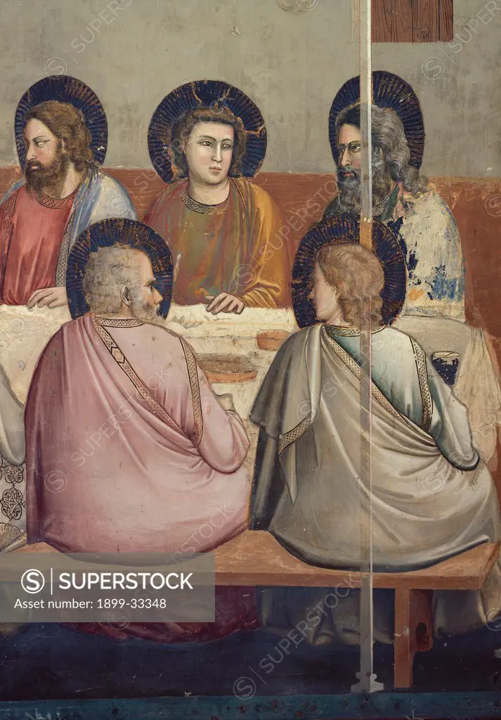 Stories of the Passion of The Last Supper, by Giotto, 1304 - 1306, 14th Century, fresco. Italy, Veneto, Padua, Scrovegni Chapel. Scenes from the Life of Christ of Last Supper, apostles (right) mantle. cloak drapery. draping pink gray blue light. azure yellow ocher red brown tones. hues halos. aureoles dark bench.