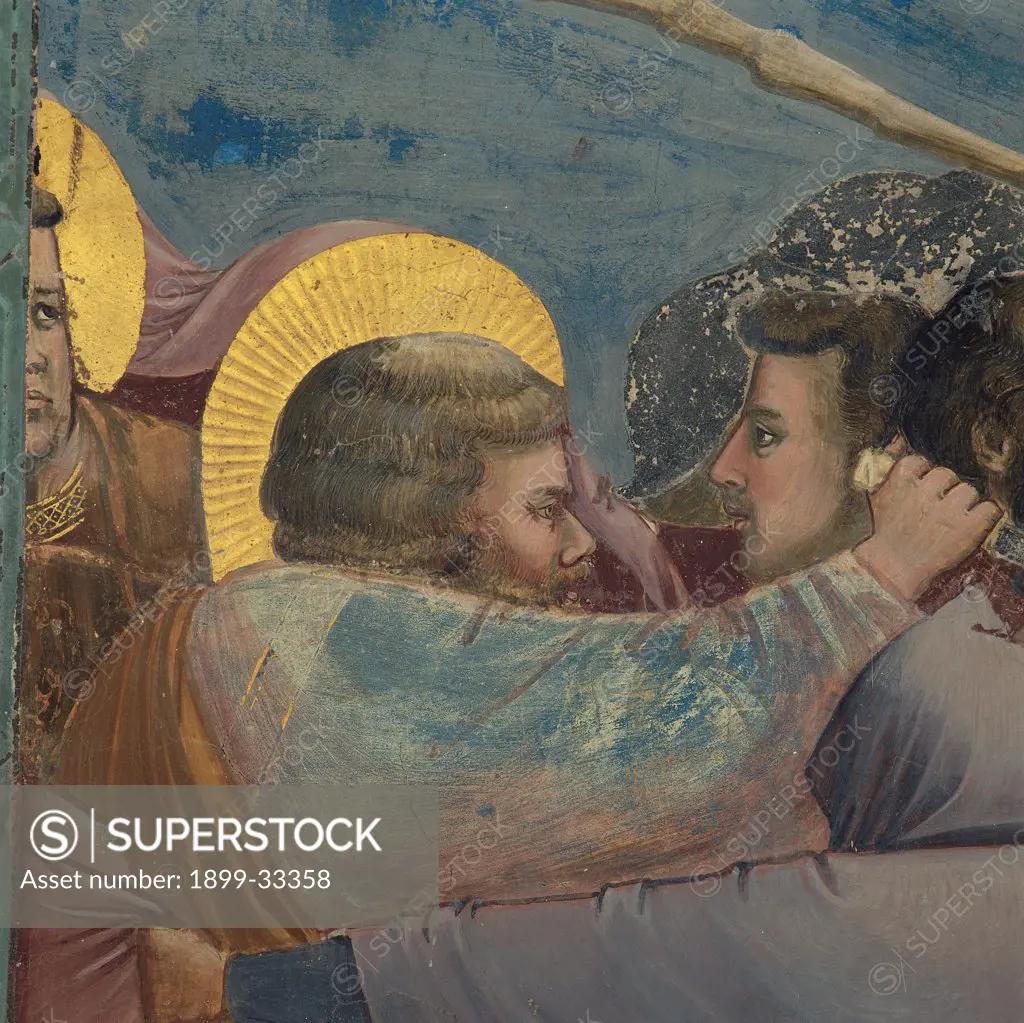 Stories of the Passion of The Kiss of Judas, by Giotto, 1303 - 1306, 14th Century, fresco. Italy, Veneto, Padua, Scrovegni Chapel. Scenes from the Life of Christ of the kiss of Judas, male figure with halo. aureole left gold blue light blue. azure ocher.