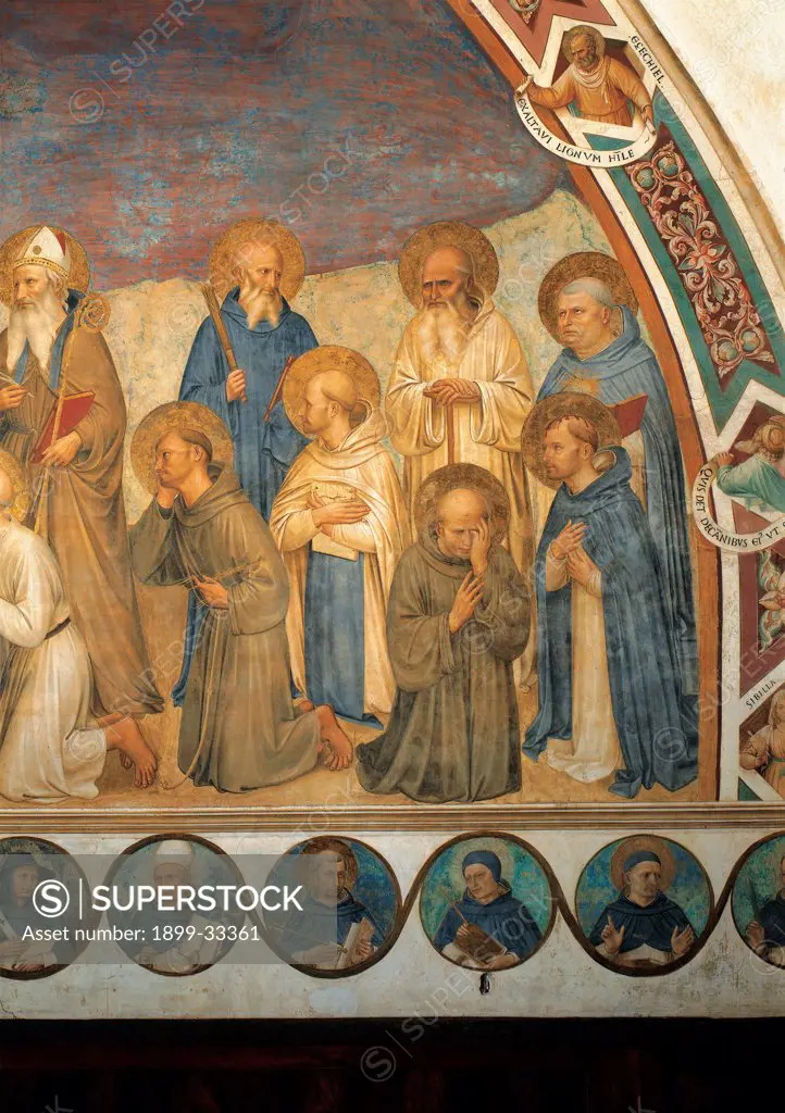 The Crucifixion and Saints, by Guido di Pietro (Piero) known as Beato Angelico, 1438 - 1446, 15th Century, fresco. Italy, Tuscany, Florence, San Marco Convent, Capitular Room, northern wall. Detail. St Ambrose, St Francis and St Benedictine kneeling.