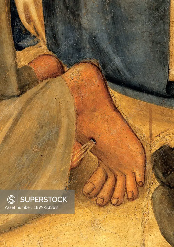 The Crucifixion and Saints, by Guido di Pietro (Piero) known as Beato Angelico, 1438 - 1446, 15th Century, fresco. Italy, Tuscany, Florence, San Marco Convent, Capitular Room, northern wall. Detail. Feet of St Francis.