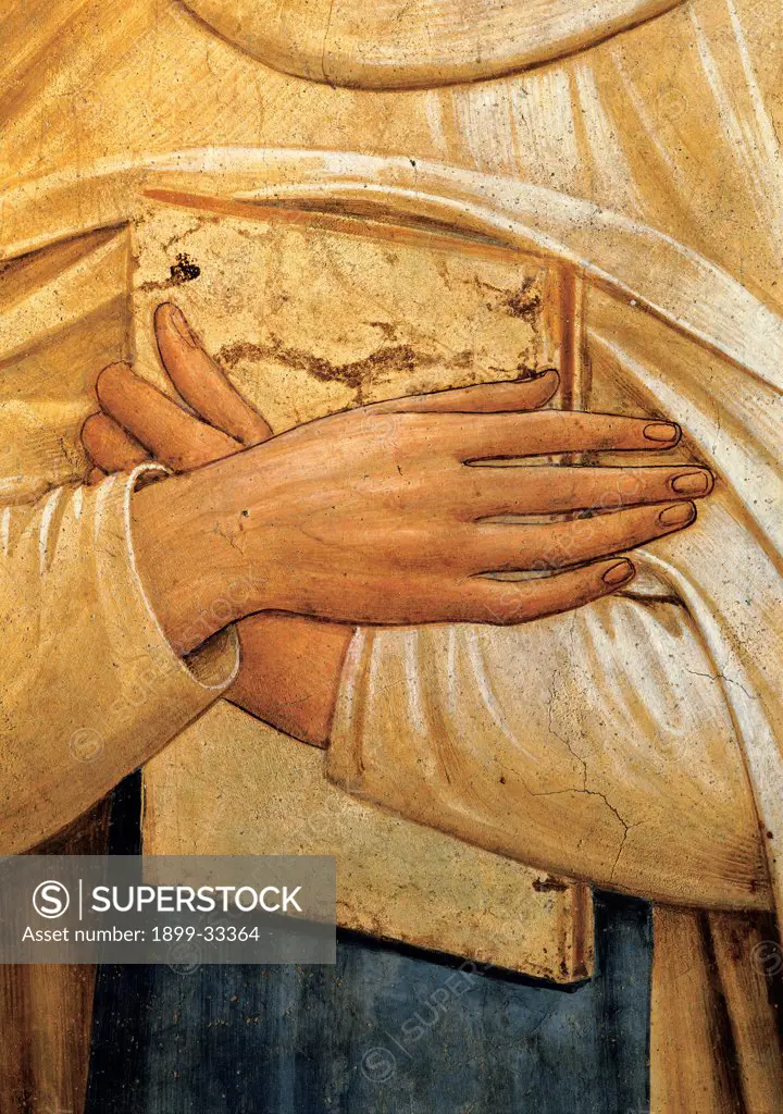 The Crucifixion and Saints, by Guido di Pietro (Piero) known as Beato Angelico, 1438 - 1446, 15th Century, fresco. Italy, Tuscany, Florence, San Marco Convent, Capitular Room, northern wall. Detail. St Bernard's hands holding the rule book.