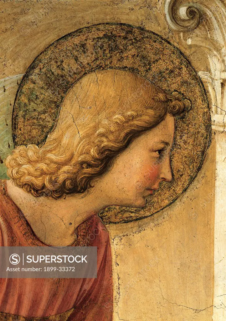 Annunciation, by Guido di Pietro (Piero) known as Beato Angelico, 1438 - 1446, 15th Century, fresco. Italy, Tuscany, Florence, San Marco Convent, northern corridor, southern wall. Detail. Face of Archangel Gabriel announcing halo: aureole.
