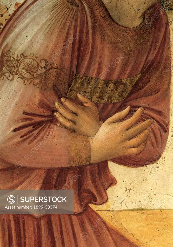 The Annunciation, by Guido di Pietro (Piero) known as Beato Angelico, 1438 - 1446, 15th Century, fresco. Italy, Tuscany, Florence, San Marco Convent, northern corridor, southern wall. Detail. Hands crossed at the chest of Archangel Gabriel dress: garment gold embroidery.