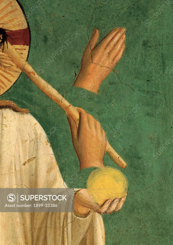 Christ Mocked, by Guido di Pietro (Piero) known as Beato Angelico, 1438 - 1446, 15th Century, fresco. Italy, Tuscany, Florence, San Marco Convent, cell 7. Detail. Right Hand of Christ hands ball stick halo: aureole.