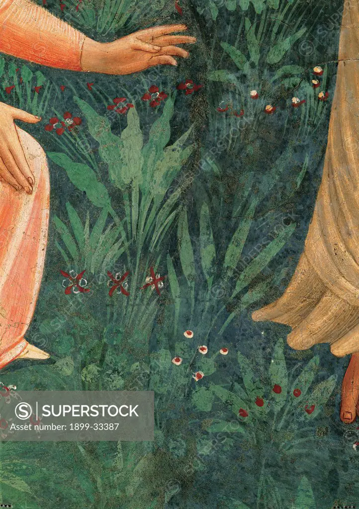 Noli me tangere, by Guido di Pietro (Piero) known as Beato Angelico, 1438 - 1446, 15th Century, fresco. Italy, Tuscany, Florence, San Marco Convent, cell 1. Detail. Hands of Mary Magdalene meadow flowers shrubs leaves.