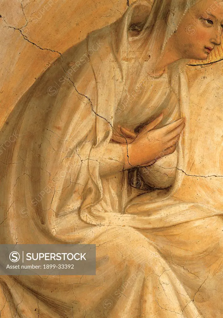 The Coronation of the Virgin, by Guido di Pietro (Piero) known as Beato Angelico, 1438 - 1446, 15th Century, curved fresco. Italy, Tuscany, Florence, San Marco Convent, cell 9. Detail. Crossed hands on her chest of Virgin Mary.