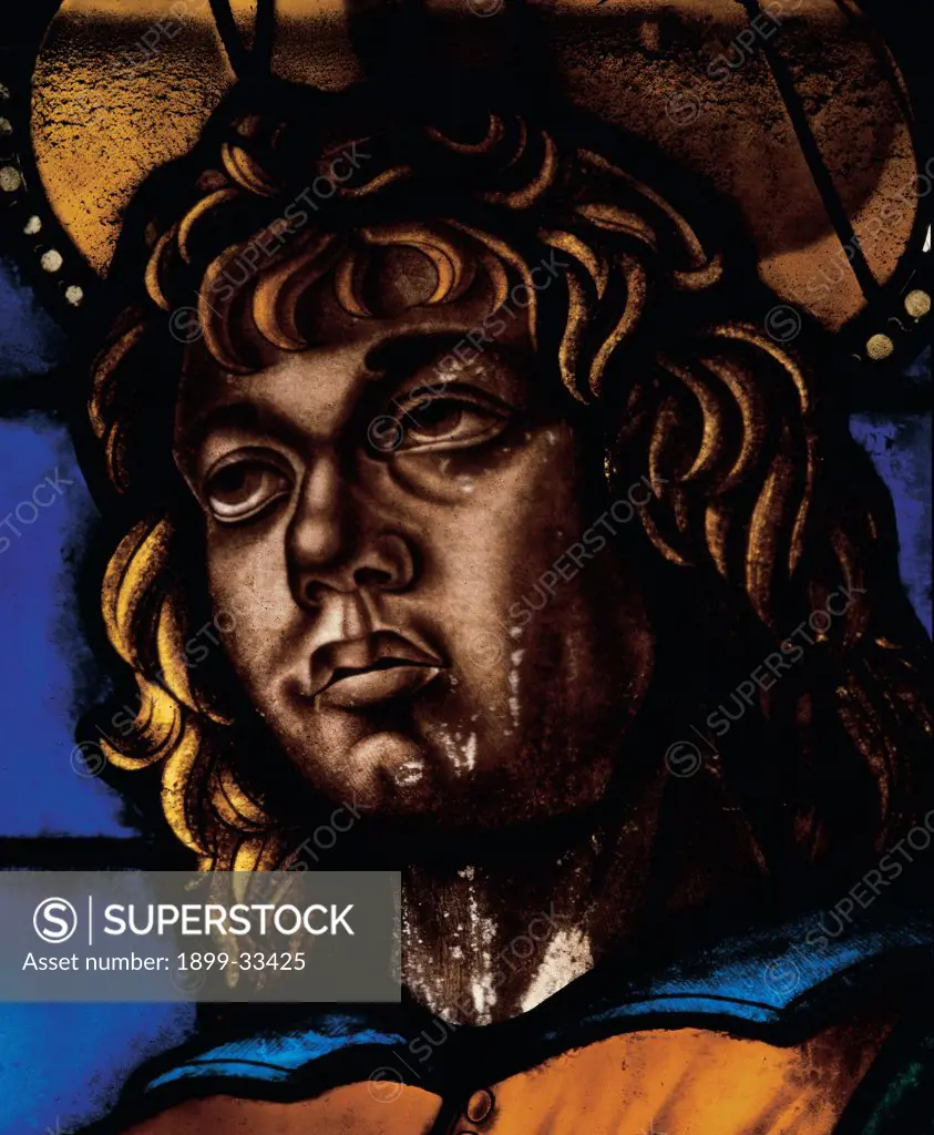 St John at Patmos, by drawing Cossa Francesco del, 1480 - 1480, 15th Century, stained-glass window. Italy, Emilia Romagna, Bologna, San Giovanni in Monte church. Made by Jacopo and Domenico Cabrini on Cossa's preparatory drawing. Detail of face of St John. Front.