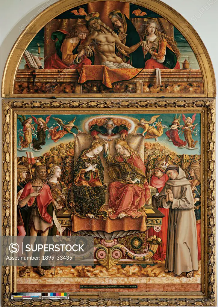 Coronation of the Virgin (altarpiece), by Crivelli Carlo, 1493, 15th Century, tempera on panel. Italy, Lombardy, Milan, Brera Art Gallery. Whole artwork. Crowing lunette (oil on canvas - 128 x 225) depicting the dead Christ with the Virgin Mary, Saints John the Evangelist and Mary Magdalene God's saints angels throne.