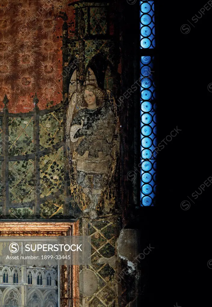 Funeral monument to Nicolo Brenzoni, by Nanni di Bartolo, Antonio Pisano also known as Pisanello, 1424 - 1426, 15th Century, sculpture and fresco. Italy, Veneto, Verona, San Fermo Maggiore church, left wall. Detail. Archangel Michael top right late Gothic wall decoration international niche.