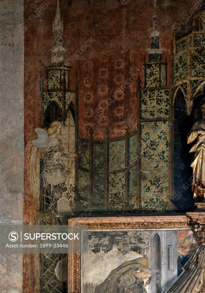 Funeral monument to Nicolo Brenzoni, by Nanni di Bartolo, Antonio Pisano also known as Pisanello, 1424 - 1426, 15th Century, sculpture and fresco. Italy, Veneto, Verona, San Fermo Maggiore church, left wall. Detail. Tapestry angel Gothic niche late Gothic wall decoration.