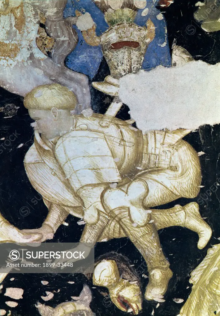 Battle of the knights, by Antonio Pisano also known as Pisanello, 1440, 15th Century, fresco. Italy, Lombardy, Mantua, Ducal Palace. Detail. Kneeling warrior armor: cuirass greaves arm-greaves beige white black background.
