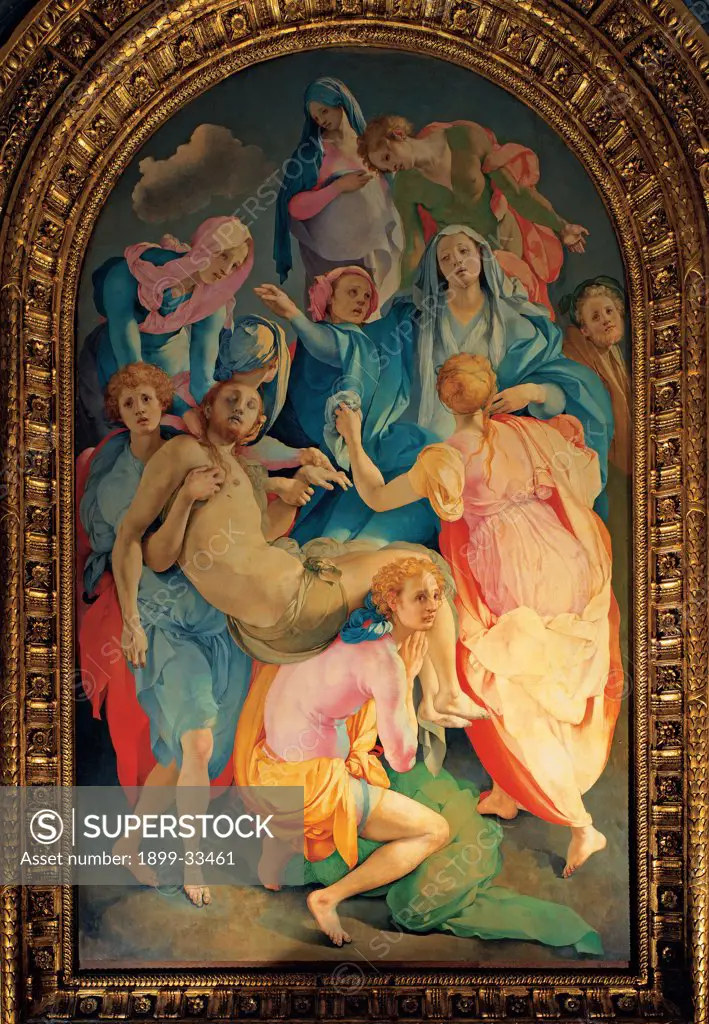 Deposition, by Carrucci Jacopo know as Pontormo, 1526 - 1528, 16th Century, oil on panel. Italy, Tuscany, Florence, Santa Felicita church, Capponi Chapel. Whole artwork. Dead Christ death women men pain suffering tears colors transport.