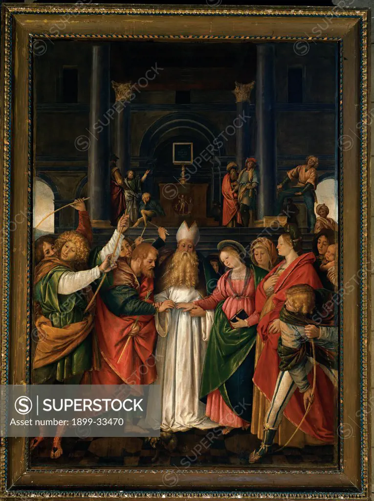 The Marriage of the Virgin, by Ferrari Gaudenzio, 16th Century, canvas. Italy, Lombardy, Como, Como, Cathedral. Whole artwork. Virgin Madonna St Joseph marriage wedding temple priest bystander: onlookers man woman frame red green white.