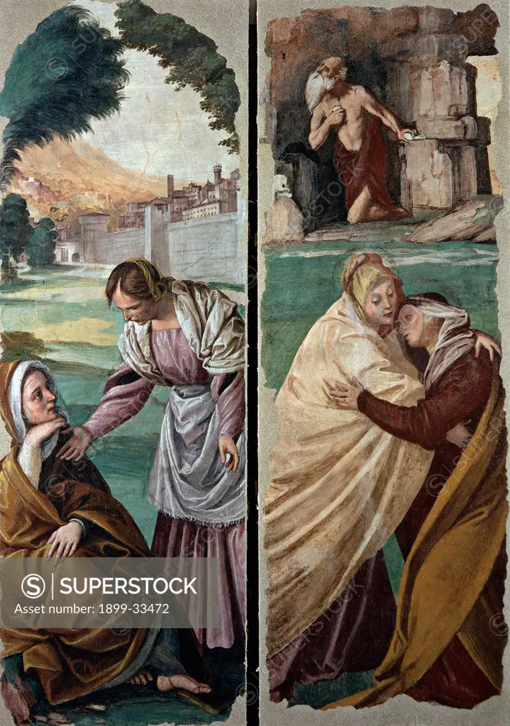 Stories of St Anna and St Joachim of St Anna consoled by a Woman and Visitation, by Ferrari Gaudenzio, 1539 - 1539, 16th Century, fresco transferred to canvas, wooden frame. Italy, Lombardy, Milan, Brera Art Gallery. Whole artwork. St Anna consoled by a Woman and Visitation Virgin Mary Joachim old man embrace.