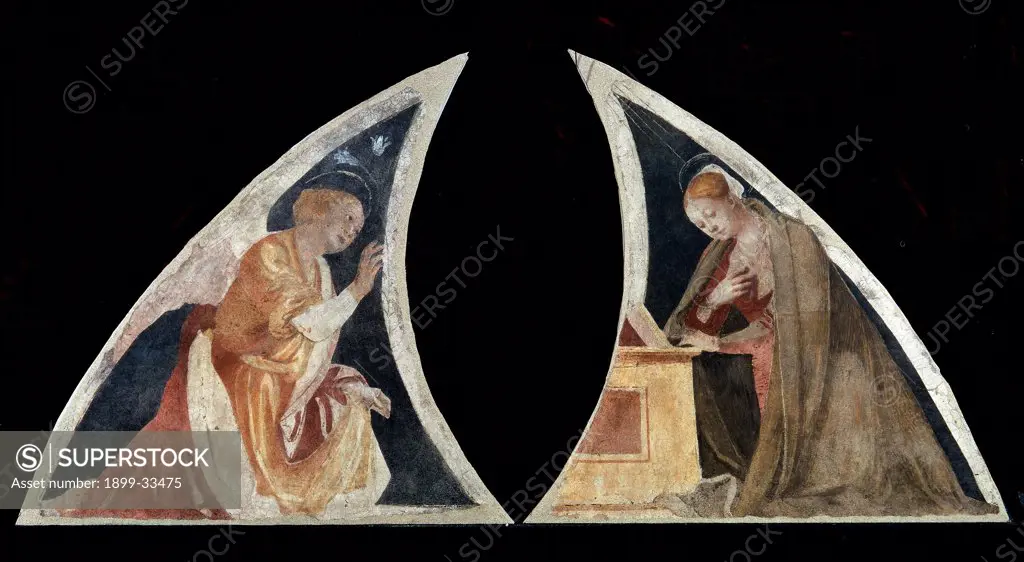 Scenes from the Life of the Virgin of Annunciation, by Ferrari Gaudenzio, 1539, 16th Century, fresco transferred to canvas, wooden frame. Italy, Lombardy, Milan, Brera Art Gallery. Two semi-lunettes announcing angel Virgin Announced Mary kneeling Annunciation.