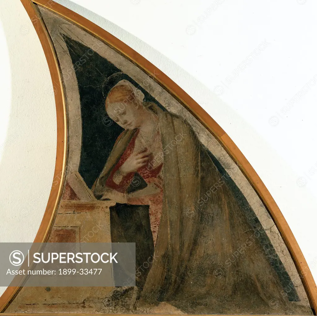 Virgin Annunciate, by Ferrari Gaudenzio, 1539, 16th Century, fresco transferred to canvas, wooden frame. Italy, Lombardy, Milan, Brera Art Gallery. Semi-lunette Virgin receiving the Annunciation lectern.
