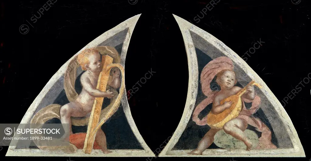 Angel with Harp and Angel with Mandola, by Ferrari Gaudenzio, 1539, 16th Century, fresco transferred to canvas, wooden frame. Italy, Lombardy, Milan, Brera Art Gallery. Semi-lunettes left and right musician angels little angels music instruments mandolin harp putti: cherubs.