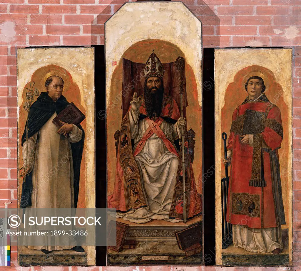 Triptych of St Augustine, by Vivarini Bartolomeo, 1470 - 1475, 15th Century, panel. Italy, Veneto, Venice, Santi Giovanni e Paolo Church. Whole artwork. Dismembered triptych saints St Augustine Dominican bishop.