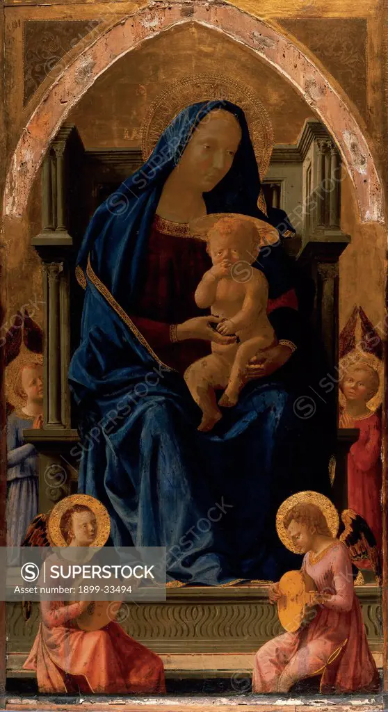 Virgin and Child (Pisa Polyptych), by Tommaso di Ser Giovanni Cassai known as Masaccio, 1426, 15th Century, tempera on poplar board. United Kingdom, London, National Gallery of Art. Whole artwork. Panel depicting the Virgin Mary enthroned and Child Jesus: Baby Jesus: Christ Child and four musician angels.