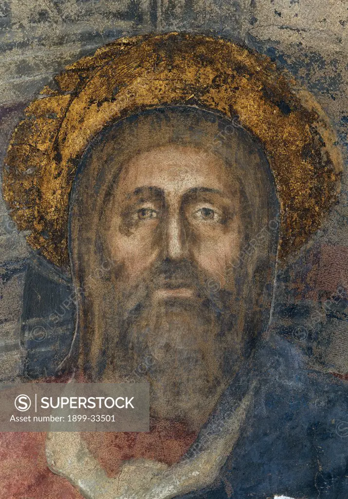 Trinity, by Tommaso di Ser Giovanni Cassai known as Masaccio, 1426 - 1428, 15th Century, fresco. Italy, Tuscany, Florence, Santa Maria Novella church. Detail. Face of the Eternal Father: God, after restoration.