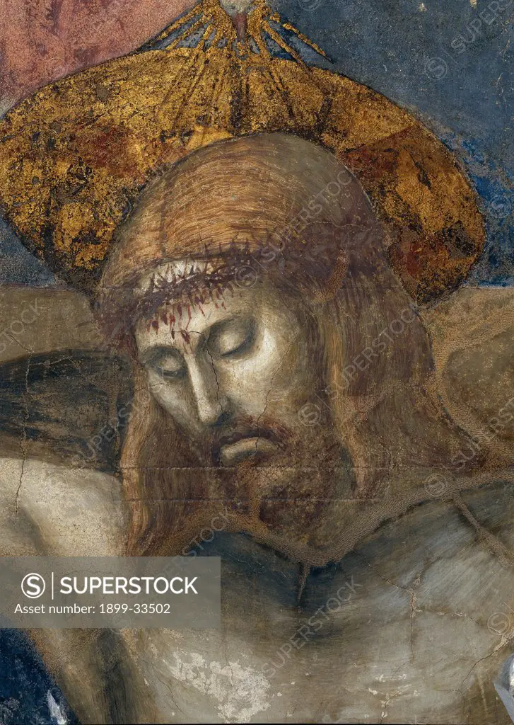 Trinity, by Tommaso di Ser Giovanni Cassai known as Masaccio, 1426 - 1428, 15th Century, fresco. Italy, Tuscany, Florence, Santa Maria Novella church. Detail of Christ's face, after the restoration.