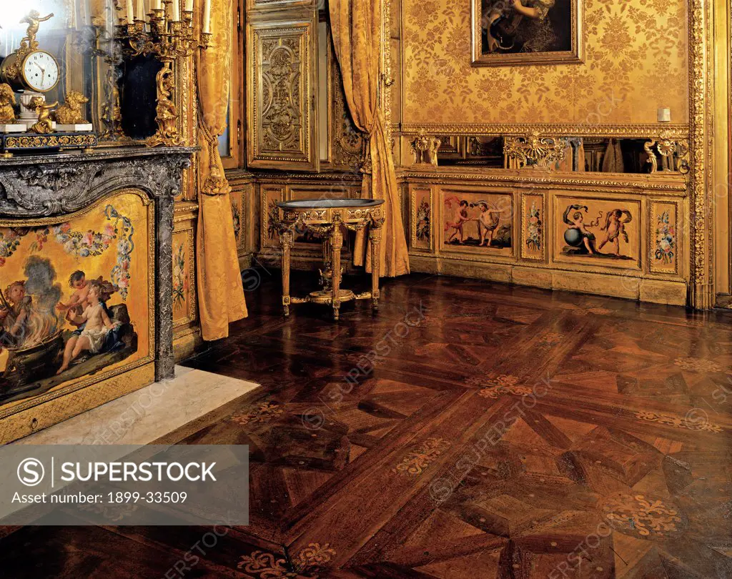 Royal Palace, Turin. Queen's study., by Unknown, 18th Century, Unknow. Italy, Piemonte, Turin, Royal Palace. View interior Royal Palace Turin Queen's study parquet floor gold mirror furniture fireplace.