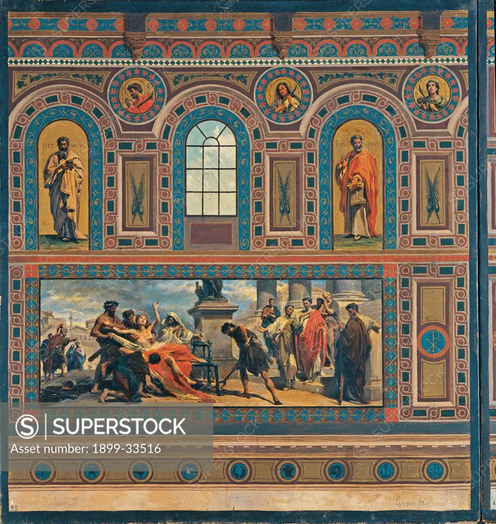 The Martyrdom of St Lawrence, by Grandi Francesco, 1869, 19th Century, oil on canvas. Italy, Lazio, Rome, National Academy of San Luca. Whole artwork. Double order decoration panel scene with St Lawrence's martyrdom man young martyr grill fire martyr torturers bystanders: onlookers classic dresses: garments Roman style cornices depicted niches figures of Saints.