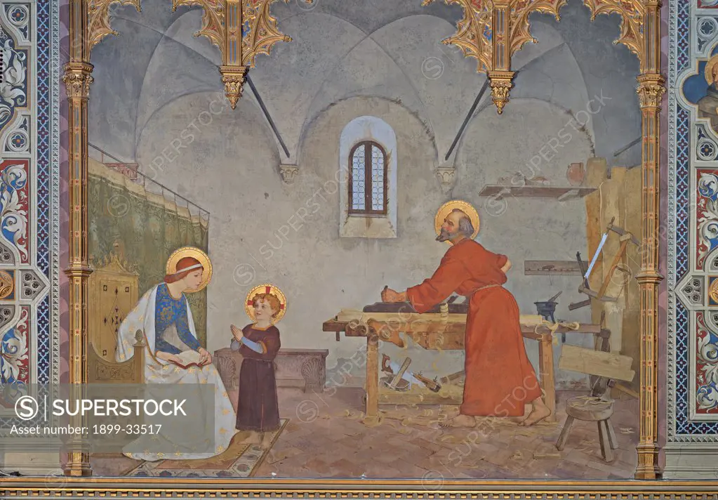St Joseph at Work, by Faustini Modesto, 1887 - 1890, 19th Century, canvas. Italy, Marche, Loreto, Ancona, Spagnola Chapel. Whole artwork. Virgin, Child Jesus with St Joseph at work in the carpentry tools bench arched window vaulted room golden haloes: aureoles cornice with golden columns.