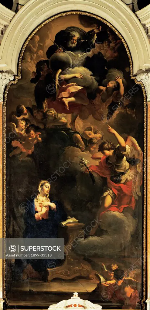 Annunciation, by Balestra Antonio, 18th Century, canvas. Italy, Veneto, Verona, Scalzi Church. Whole artwork. Annunciation Virgin receiving the Annunciation Madonna Mary lectern books writings clouds announcing angel archangel Gabriel angels Putti God the Father old light shadow arched altarpiece.