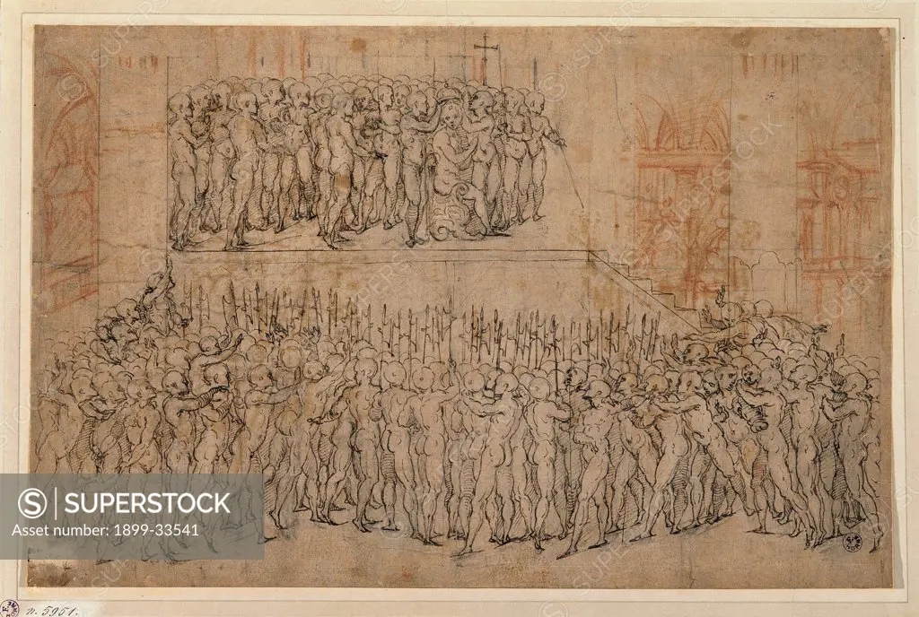Study of Figures and Architectures, by Genga Girolamo, 15th Century, Unknow. Italy, Tuscany, Florence, Uffizi Gallery. Whole artwork. Drawing study outline exam draft soldiers lances: spears.