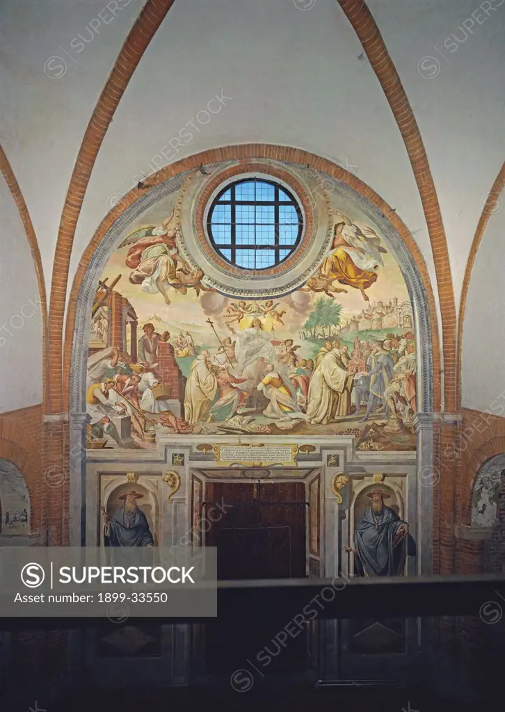 Foundation of the Abbey of Chiaravalle, by Della Rovere Giovanni Mauro known as Fiammenghino, Della Rovere Giovan Battista known as Fiammenghino, 17th Century, fresco. Italy, Lombardy, Milan, Chiaravalle Abbey, church, counterfacade. Whole artwork. Founding of Chiaravalle Abbey oculus Assumption of the Virgin angels Saints niche.