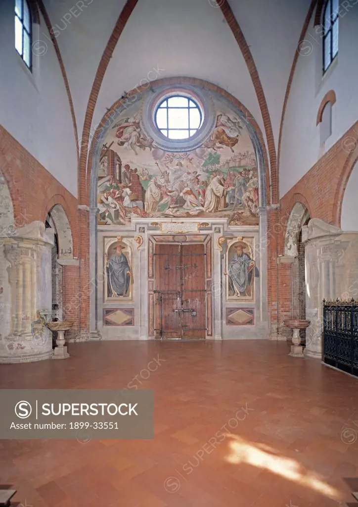 Foundation of the Abbey of Chiaravalle, by Della Rovere Giovanni Mauro known as Fiammenghino, Della Rovere Giovan Battista known as Fiammenghino, 17th Century, fresco. Italy, Lombardy, Milan, Chiaravalle Abbey, church, counterfacade. Whole artwork. Founding of Chiaravalle Abbey oculus Assumption of the Virgin angels Saints niche.