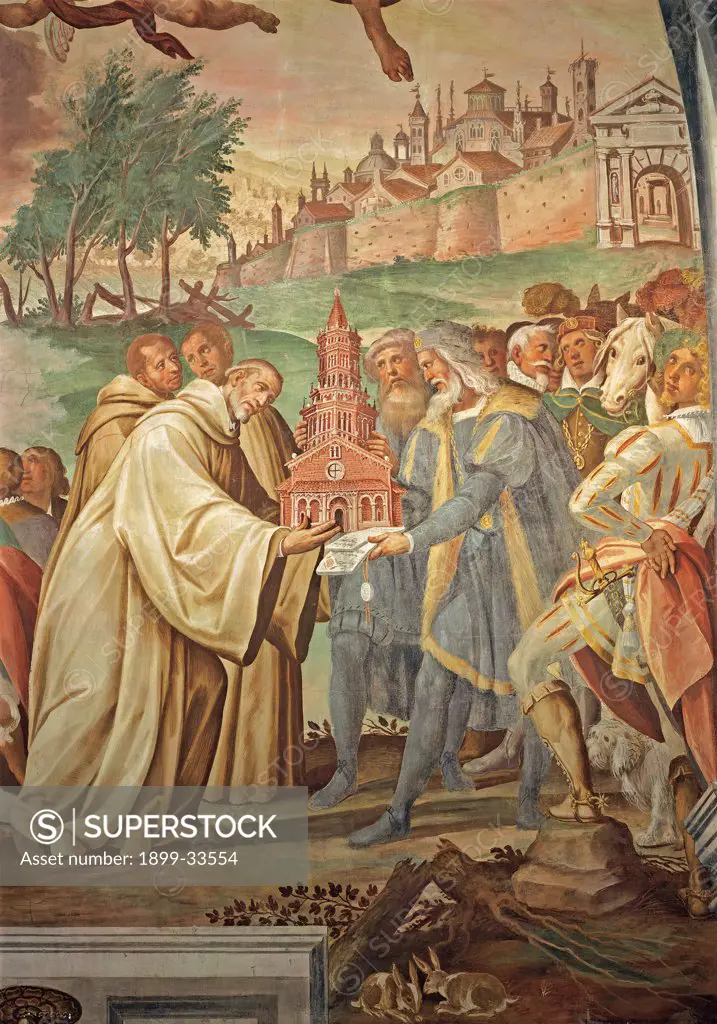 Manfredo Archinto Gives St Bernard of Clairvaux the Land on which to Build the Abbey, by Della Rovere Giovanni Mauro known as Fiammenghino, Della Rovere Giovan Battista known as Fiammenghino, 17th Century, fresco. Italy, Lombardy, Milan, Chiaravalle Abbey. Detail. Founding of Chiaravalle Abbey (right scene). Miniature model Bernard bystanders: onlookers client walls fortified city entrance arch houses plants trees fronton: pediment little columns.