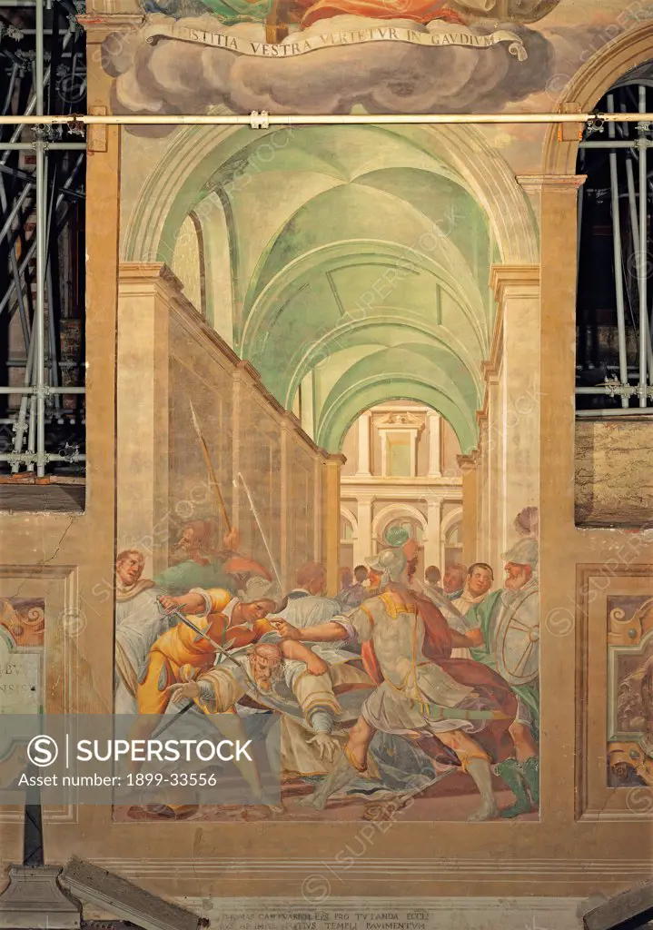 Martyrdom of St Thomas Becket, by Della Rovere Giovanni Mauro known as Fiammenghino, Della Rovere Giovan Battista known as Fiammenghino, 17th Century, fresco. Italy, Lombardy, Milan, Chiaravalle Abbey. Whole artwork. Martyrdom of St Thomas Becket Thomas cloud broken cartouche perspective view cross vaults soldiers helm cuirasses: armors green beige white red yellow.