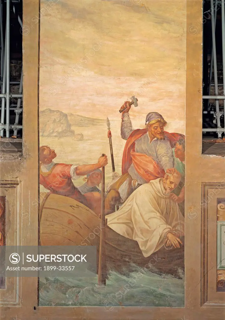 Martyrdom of a Cistercian Monk, by Della Rovere Giovanni Mauro known as Fiammenghino, Della Rovere Giovan Battista known as Fiammenghino, 17th Century, fresco. Italy, Lombardy, Milan, Chiaravalle Abbey. Whole artwork. Episode Martyrdom of a Cistercian monk boat waves sea hammer murderers: executioners drapery: draping wind red white light blue: azure beige brown tones: hues.