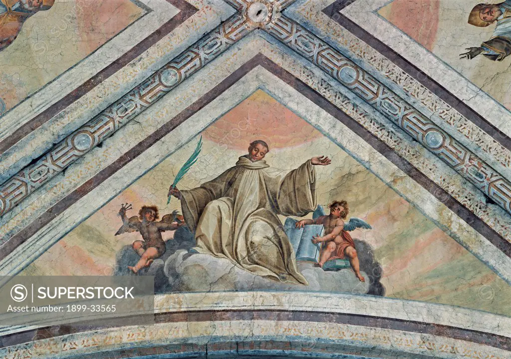 Cistercian Saint Martyr in Glory, by Della Rovere Giovanni Mauro known as Fiammenghino, Della Rovere Giovan Battista known as Fiammenghino, 17th Century, fresco. Italy, Lombardy, Milan, Chiaravalle Abbey. Whole artwork. Cistercian Saint Martyr in glory little angels palm of the martyrdom cloud habit: tunic.