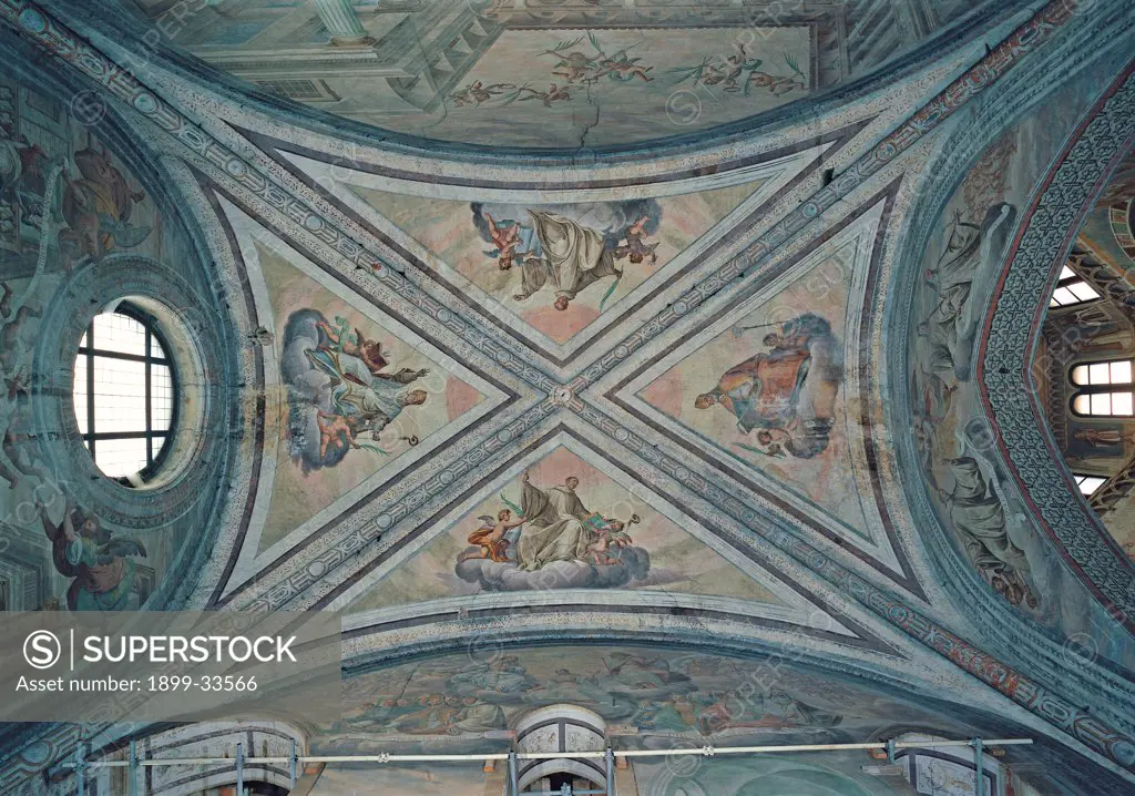 Cistercian Saint Martyrs in Glory, by Della Rovere Giovanni Mauro known as Fiammenghino, Della Rovere Giovan Battista known as Fiammenghino, 17th Century, fresco. Italy, Lombardy, Milan, Chiaravalle Abbey. Total view of the four panels: sails of the cross vault.