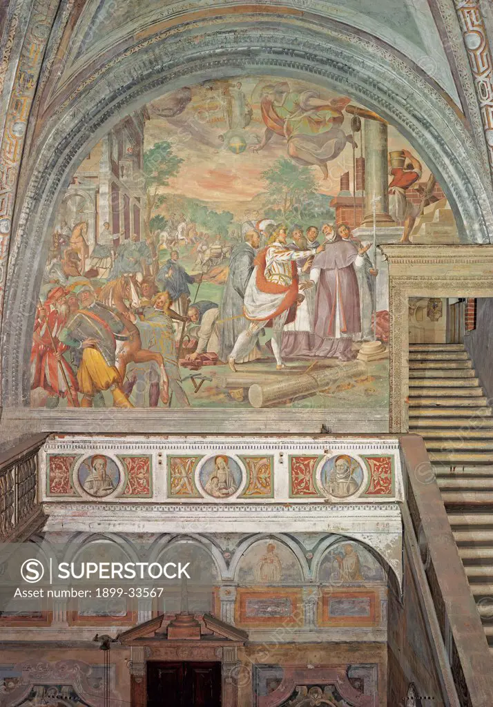 The Foundation of Citeaux, by Della Rovere Giovanni Mauro known as Fiammenghino, Della Rovere Giovan Battista known as Fiammenghino, 17th Century, fresco. Italy, Lombardy, Milan, Chiaravalle Abbey. Whole artwork. Founding of Citeaux Abbey stairs parapet tondos with Cistercian Saints lunette horses bystanders: onlookers columns building plants angel.