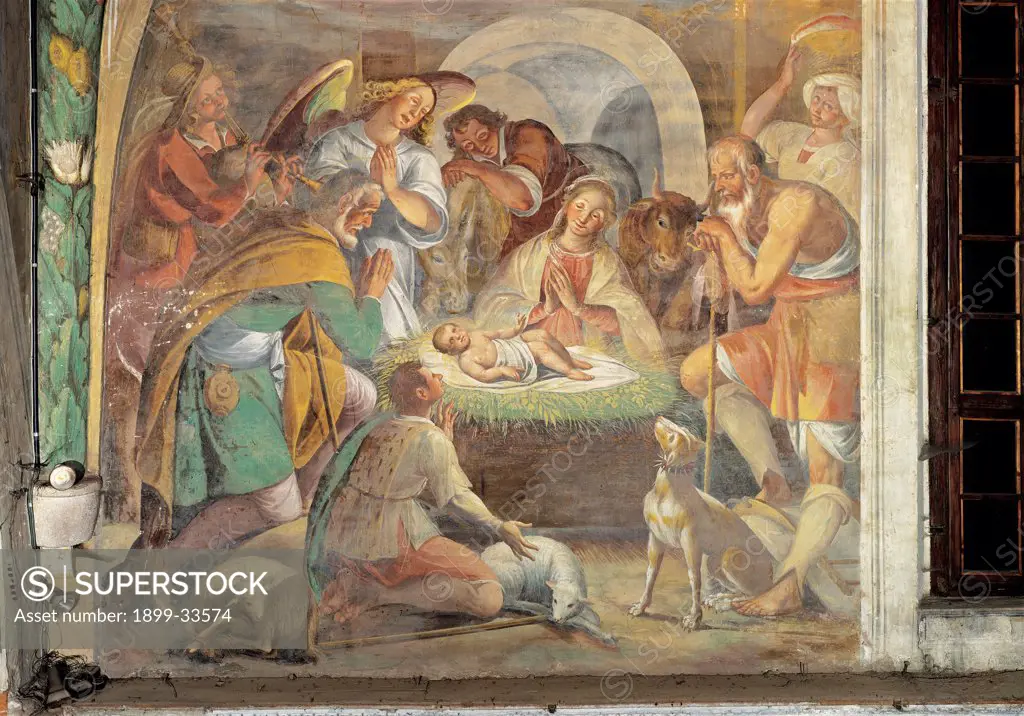 St Bernard's Vision of the Holy Nativity, by Della Rovere Giovanni Mauro known as Fiammenghino, Della Rovere Giovan Battista known as Fiammenghino, 17th Century, fresco. Italy, Lombardy, Milan, Chiaravalle Abbey. Detail. Adoration of the shepherds Virgin Mary Madonna Child Jesus: Baby Jesus: Christ Child St Joseph sheep manger angel bystanders: onlookers sheep-dog ox donkey: ass manger. Light radiating from Christ.