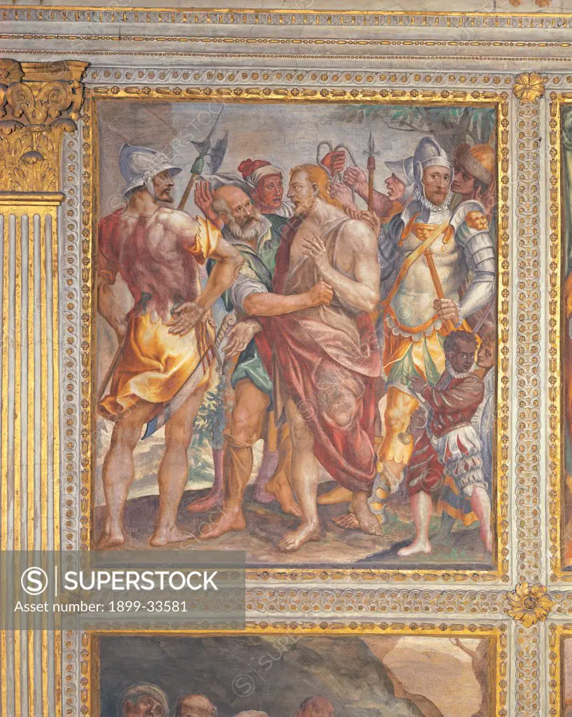 The Capture of St John the Baptist, by Della Rovere Giovan Battista known as Fiammenghino, 1586, 16th Century, fresco. Italy, Lombardy, Monza, Brianza, Cathedral. Whole artwork. Capture of St John the Baptist soldiers group helms cuirasses: armors drapery: draping drape: cloth lance: spear brown tones: hues white pink yellow green light blue: azure.