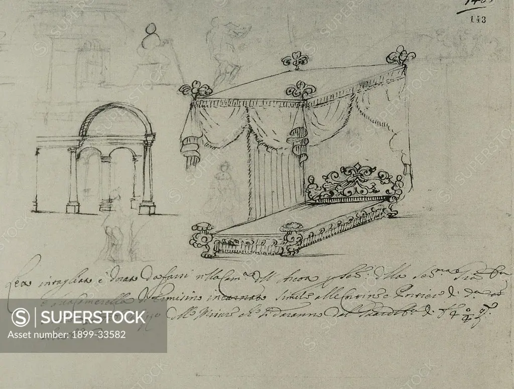 Sketch for the Duchess Vittoria della Rovere's bed, by Marmi Diacinto Maria, 1672 - 1672, 17th Century, Unknow. Italy, Tuscany, Florence, National Central Library. Whole artwork. Sheet drawing: sketch writing: note bed.