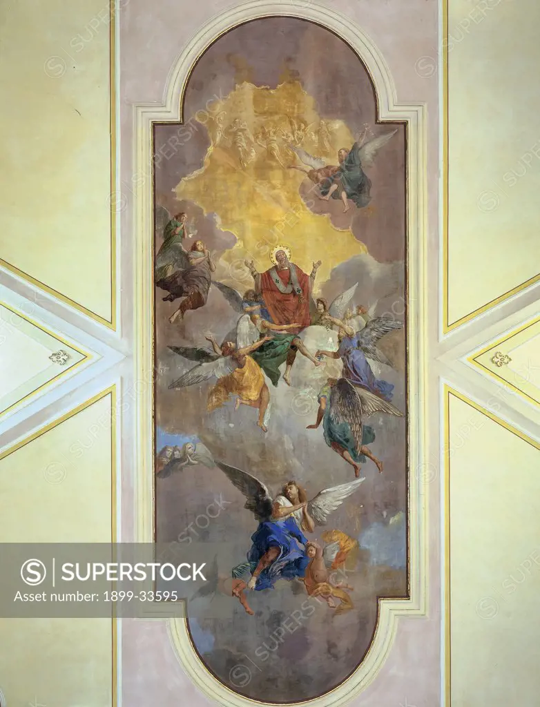 St Apollinaris in Glory, by Manzoni Giacomo, 1900 - 1901, 20th Century, fresco. Italy, Veneto, Sant'Apollinare, Rovigo, Archpriest Church. Whole artwork. St Apollinaris in glory angels clouds.
