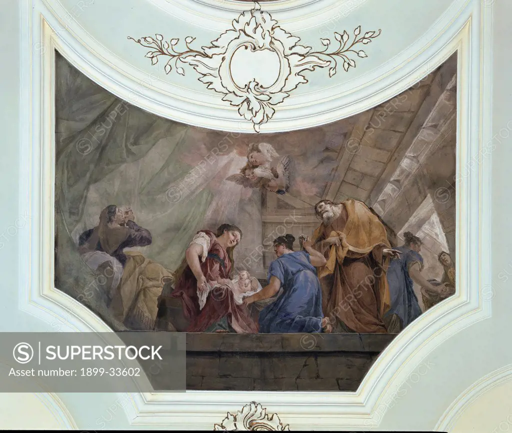 Baptist Birth, by Canal Giovan Battista, 1820, 19th Century, fresco. Italy, Veneto, Costa di Rovigo, Rovigo, Parish Church. Whole artwork. Birth of the Baptist angels perspective: foreshortened view.
