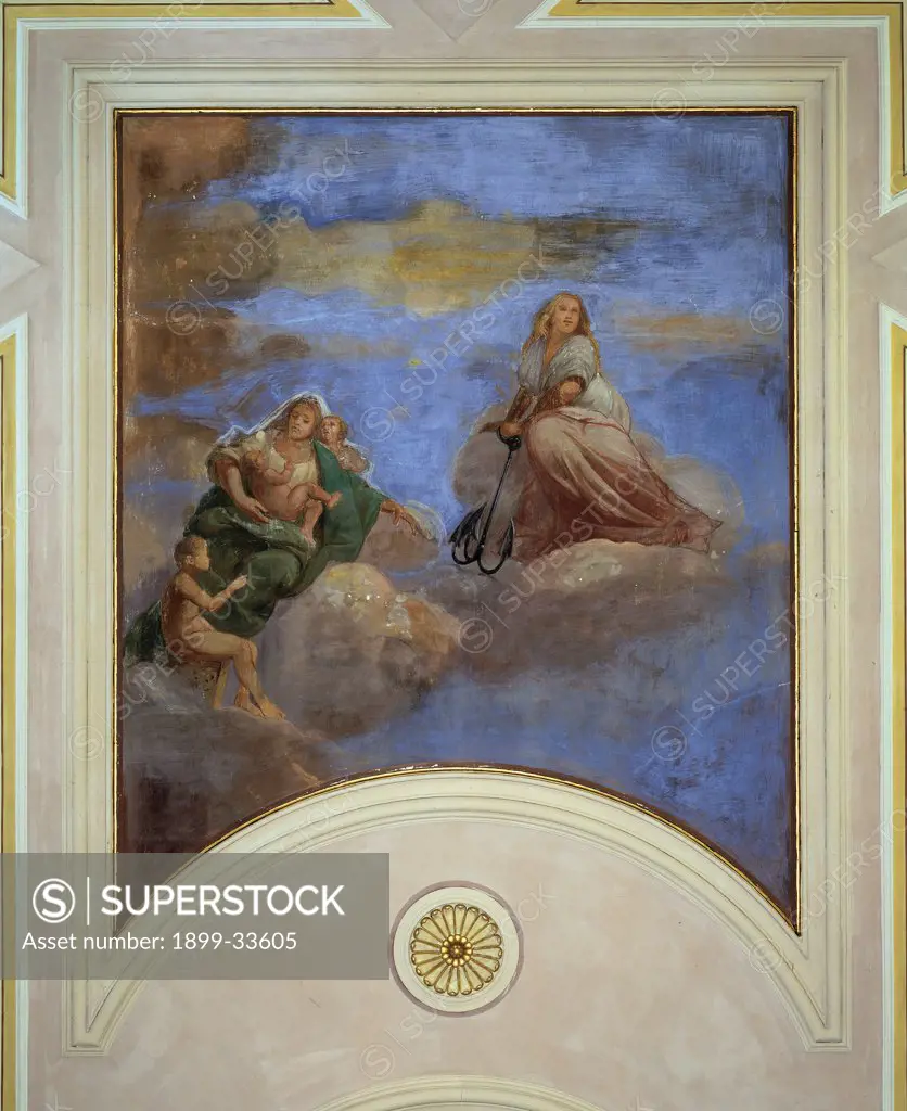 Hope and Charity, by Manzoni Giacomo, 1900 - 1901, 20th Century, fresco. Italy, Veneto, Sant'Apollinare, Rovigo, Archpriest Church. Whole artwork. Hope and Charity female figures still newborn babies clouds blue white pink green.