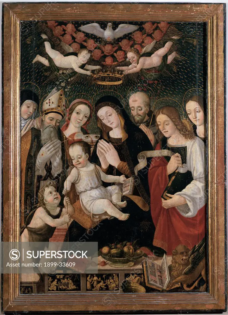 Madonna and Child with Saints, by Francesco da Montereale, 16th Century, canvas. Italy, Abruzzo, L'Aquila, San Bernardino Church. Whole artwork. Madonna and child with Saints cherubim angels dove Holy Spirit: Holy Ghost Infant St John St Lucy St Mark the Evangelist winged lion holy book Gospel books fruits episodes predella crown Saint Bishop miter: mitre j.