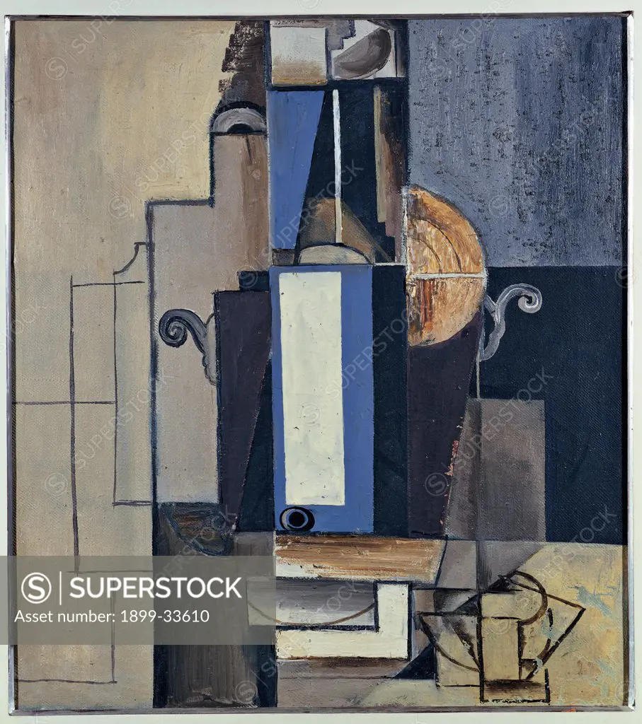 Cubist Composition, by Filla Emil, 1913, 20th Century, canvas. Italy, Lombardy, Milan, Private collection. Whole artwork. Cubist composition volute curl geometries.