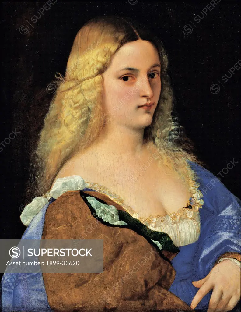 Violante (La Bella Gatta), by Vecellio Tiziano known as Titian, 1515 - 1518, 16th Century, Unknow. Austria, Wien, Kunsthistorisches Museum. Whole artwork. Blue dress: robe: garment sleeves red long blond hair neckline portrait.